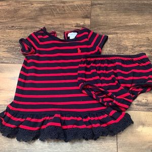 Ralph Lauren Red & Navy Stripe Cotton Dress with Bloomer. Size 6 months